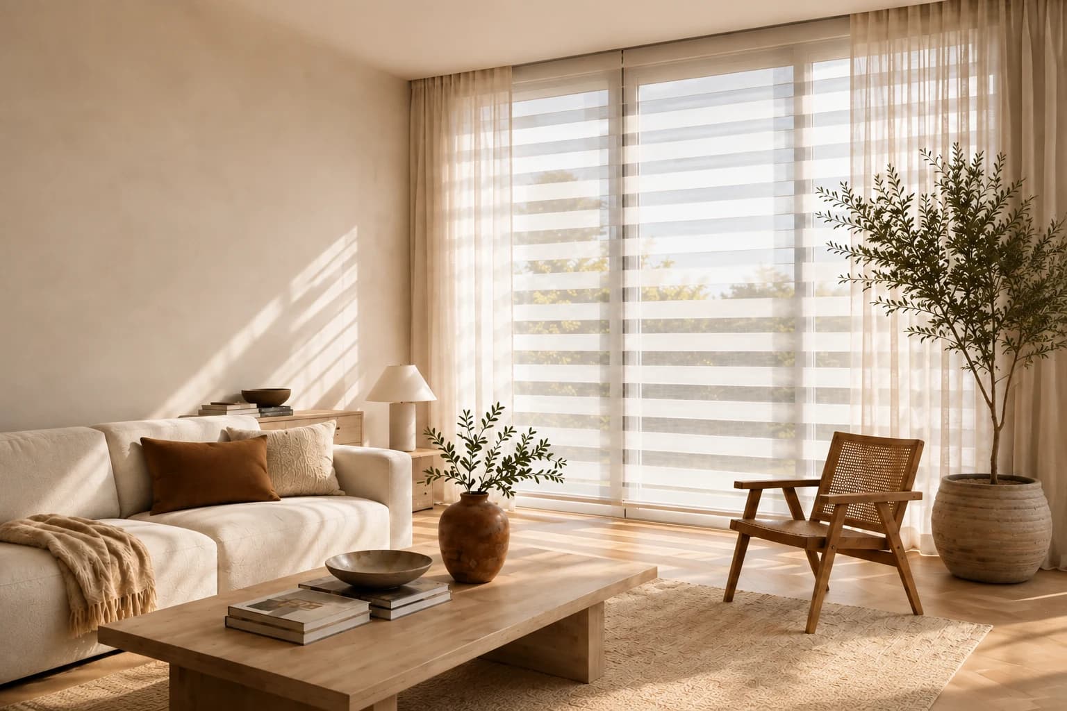 Sala iluminada por luz natural con persianas sheer en una ventana amplia.